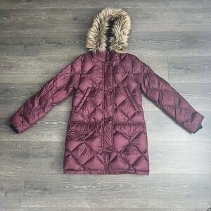 Womens Abercrombie & Fitch Burgundy Down Puffer Jacket Parka Size XS Faux‎ Fur